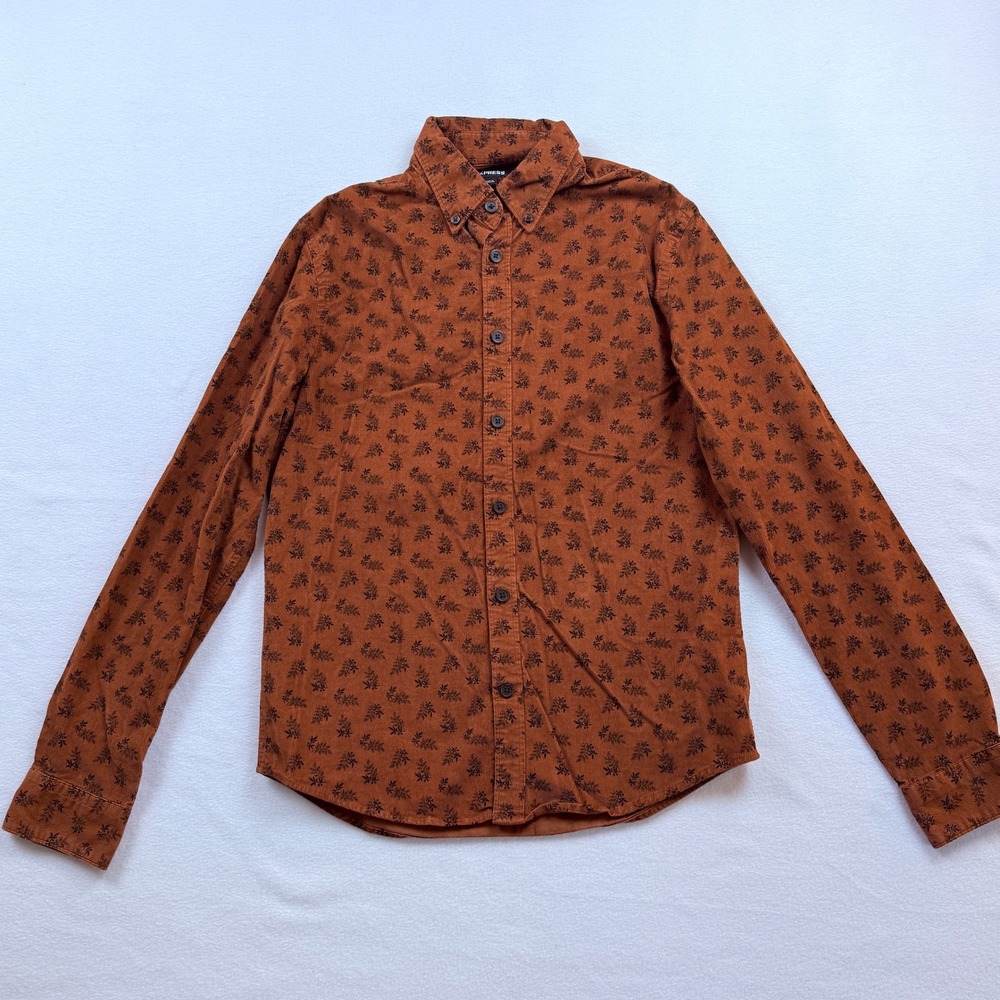 Express Corduroy Button Down Shirt Women XS Rust Orange Goblin Earthy Forest - Picture 2 of 6